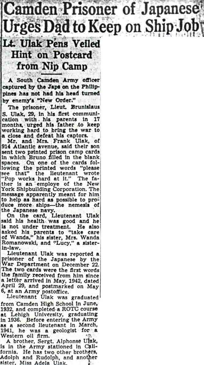 Camden Prisoner of Japanese Urges Dad to Keep on Ship Job — Camden Courier-Post, September 8, 1943