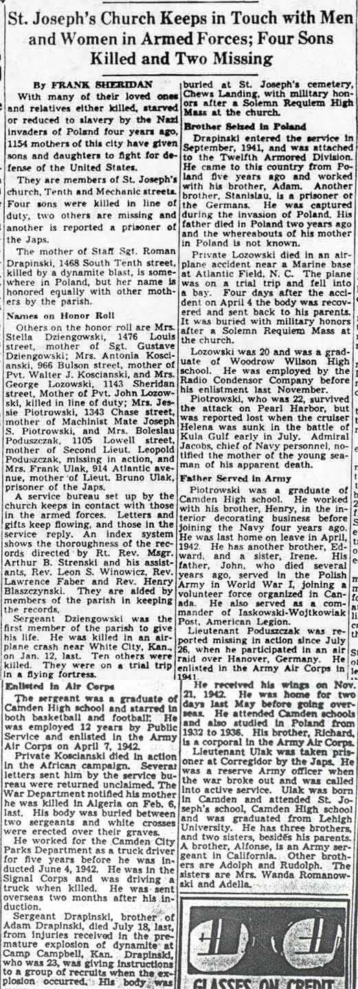 St. Joseph's Church Keeps in Touch with Men and Women in Armed Forces; Four Sons Killed and Two Missing — Camden Courier-Post, 1944