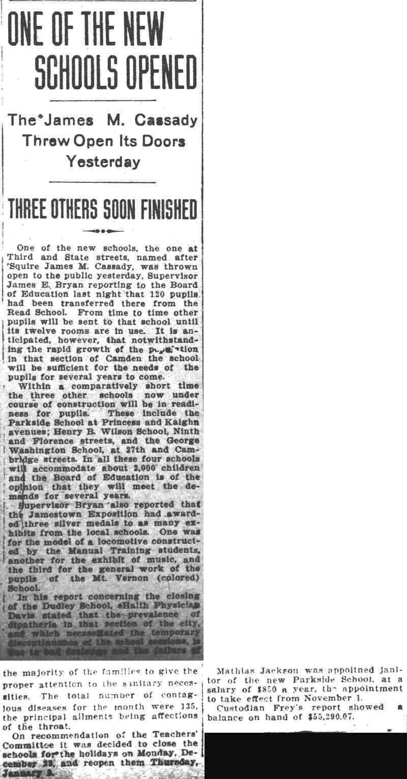 One of the New Schools Opened - Camden Daily Courier, November 26, 1907