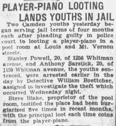 Player-Piano Looting Lands Youths in Jail newspaper clipping