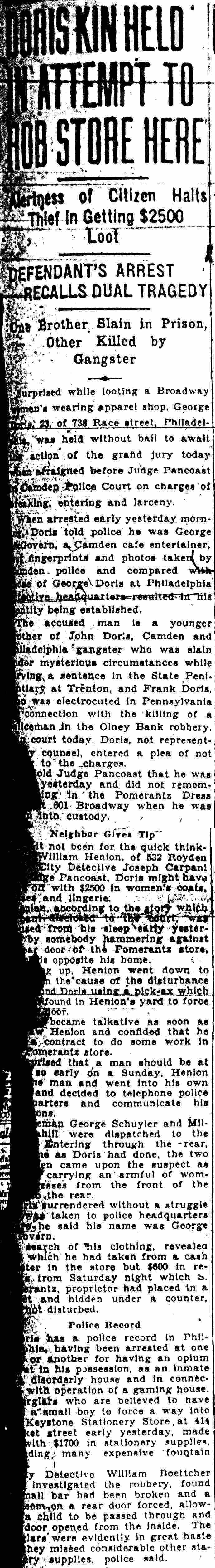 Doris Kin Held in Attempt to Rob Store Here newspaper clipping
