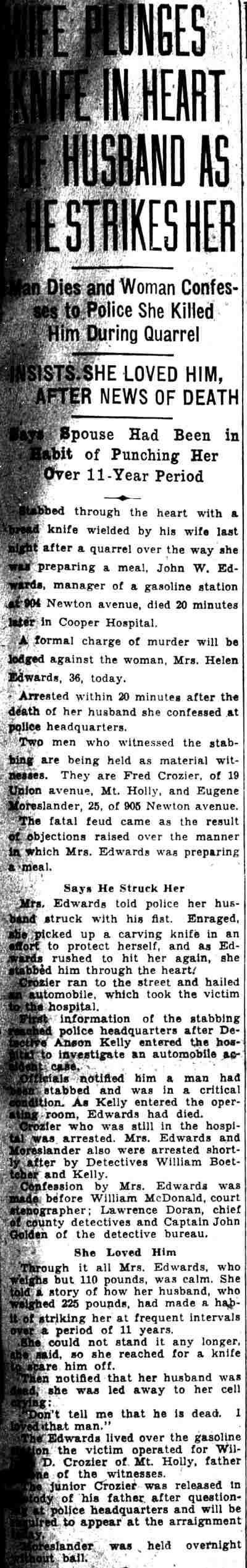 Wife Stabs Husband newspaper clipping