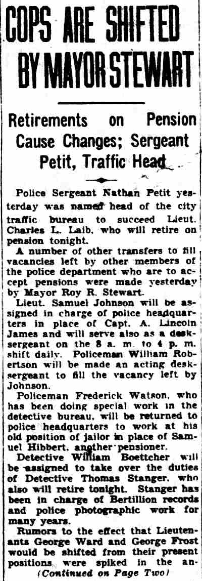Cops Are Shifted by Mayor Stewart newspaper clipping