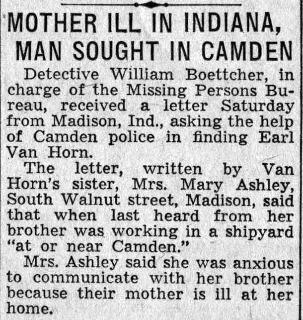 Mother Ill in Indiana, Man Sought in Camden newspaper clipping