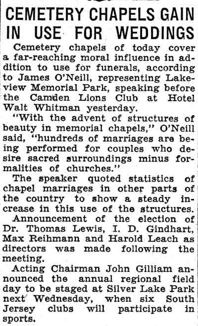 Cemetery Chapels Gain in Use for Weddings, Camden Courier-Post, June 16, 1932
