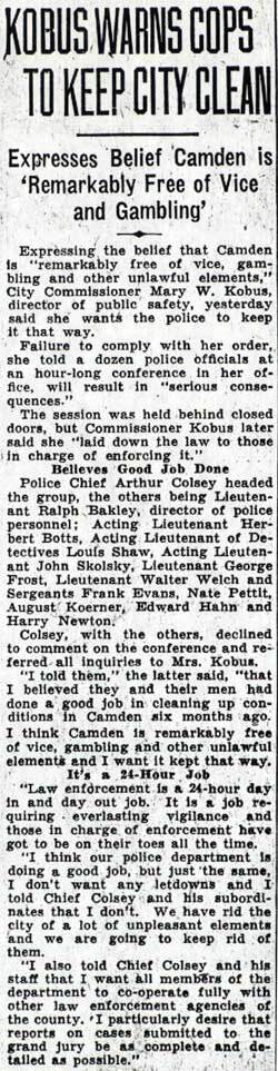 KOBUS WARNS COPS TO KEEP CITY CLEAN — Camden Courier-Post, January 8, 1938