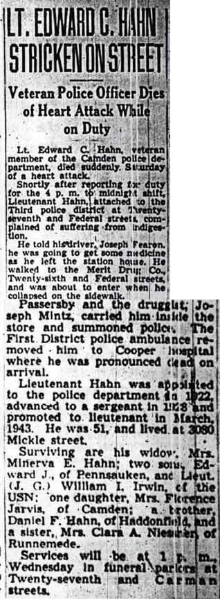 LT. EDWARD C. HAHN STRICKEN ON STREET — Camden Courier-Post, April 3, 1944