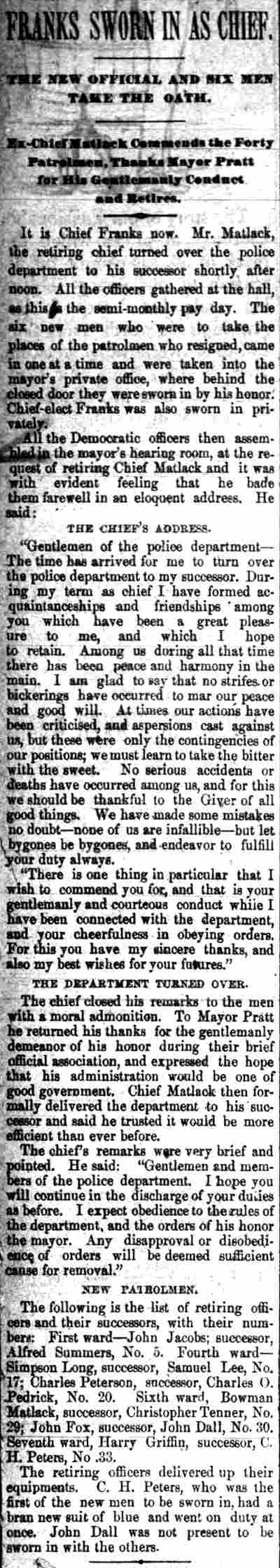 Franks Sworn in as Chief, Camden Daily Courier, April 1, 1886