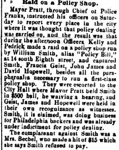 Raid on a Policy Shop, Camden Post, May 17, 1886