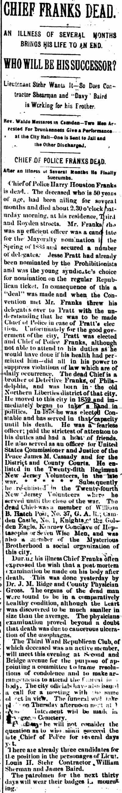 Chief Franks Dead, Camden Daily Telegram, January 3, 1887