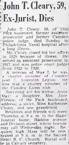 John T. Cleary, 59, Ex-Jurist, Dies, Camden Courier-Post, January 31, 1950