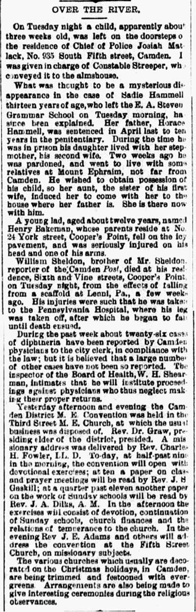 Over the River, Philadelphia Inquirer, December 21, 1882