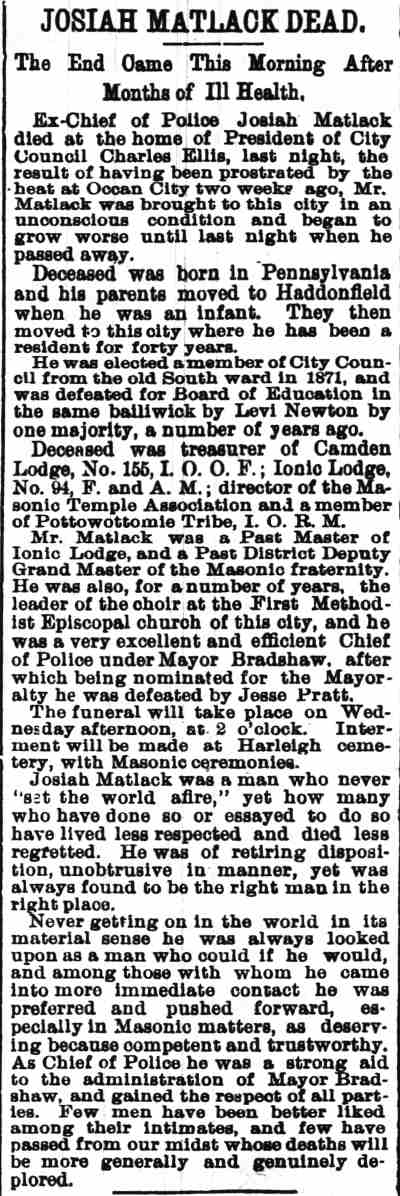 Josiah Matlack Dead, Camden Post, August 24, 1896