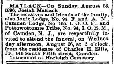 Josiah Matlack Funeral Notice, Camden Post, August 25, 1896