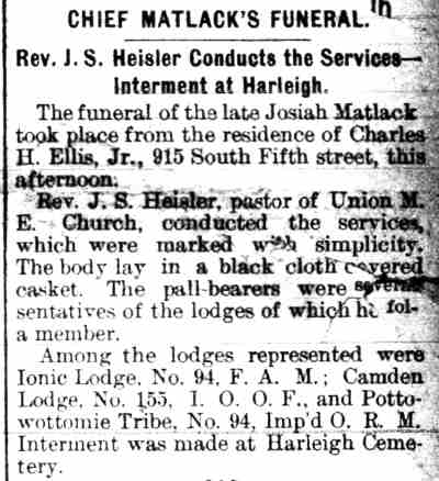 Chief Matlack's Funeral, Camden Daily Courier, August 26, 1896
