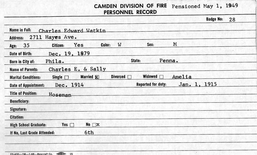 Charles E. Watkin fire department personnel card, front