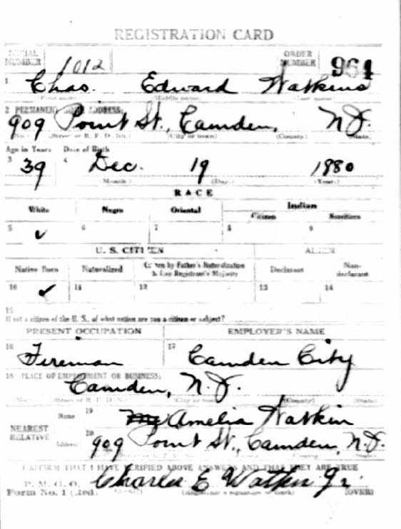 Charles E. Watkin World War I draft registration card, front