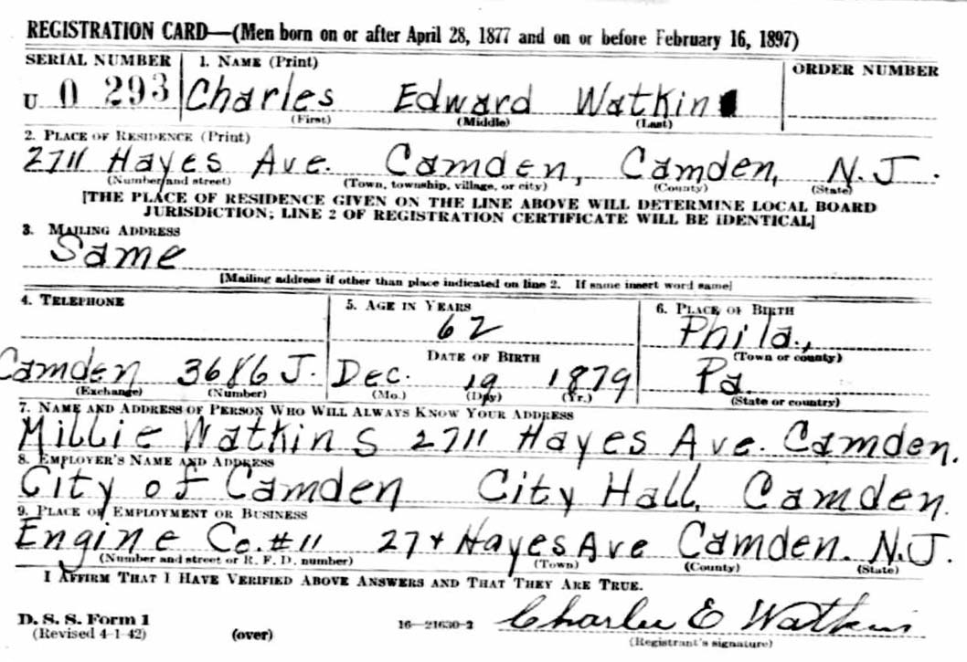Charles E. Watkin World War II draft registration card