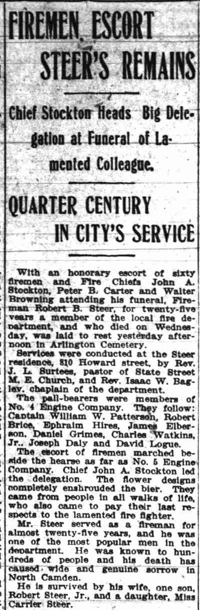 Firemen Escort Steer's Remains, Camden Post-Telegram, January 25, 1915