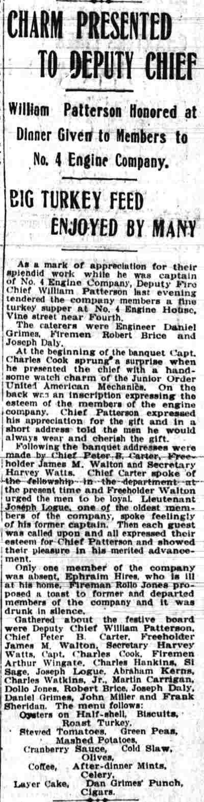 Charm Presented to Deputy Chief, Camden Daily Courier, November 24, 1915