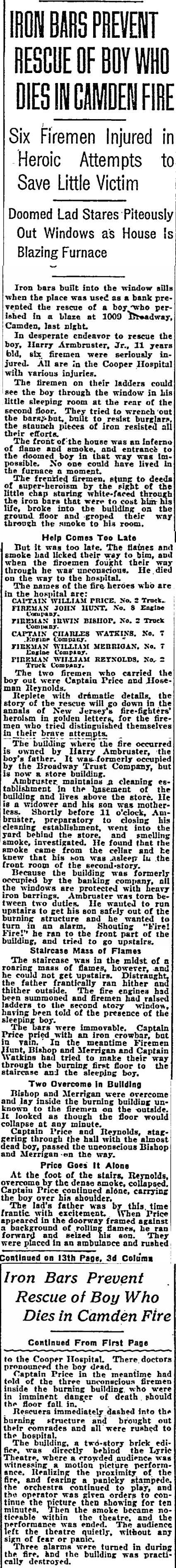 Iron Bars Prevent Rescue of Boy Who Dies in Camden Fire, Philadelphia Inquirer, April 28, 1922