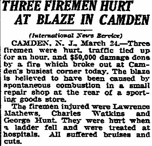 Three Firemen Hurt at Blaze in Camden, Trenton Evening Times, March 24, 1924