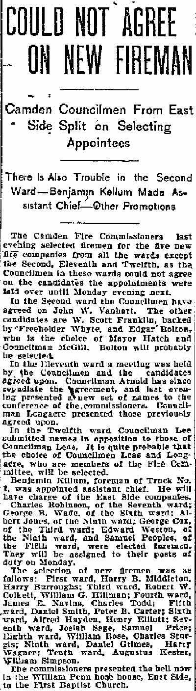 Could Not Agree on New Fireman - Philadelphia Inquirer clipping
