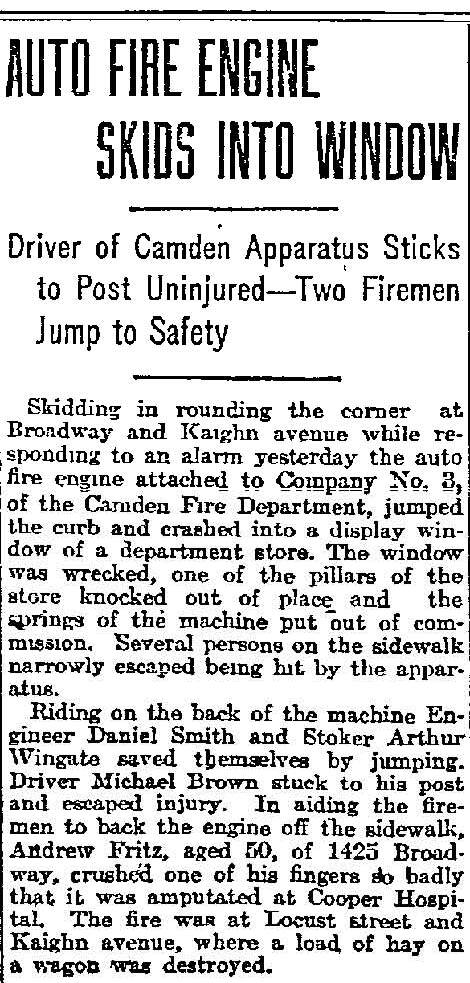 Auto Fire Engine Skids Into Window - Philadelphia Inquirer clipping