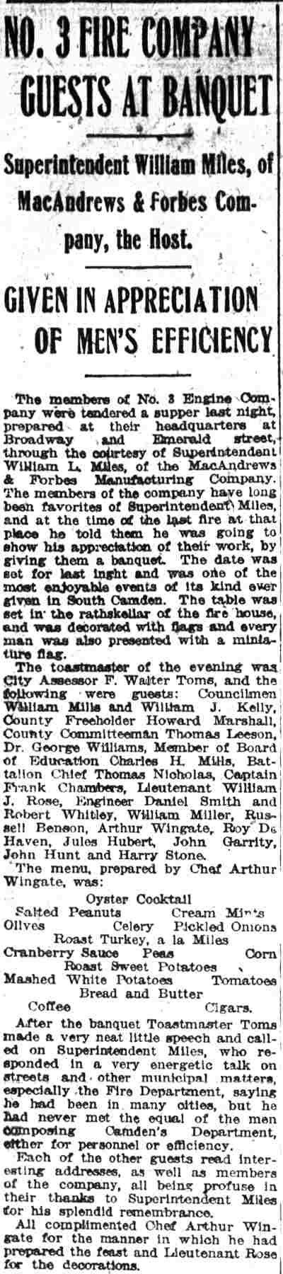 No. 3 Fire Company Guests at Banquet - Camden Post-Telegram clipping