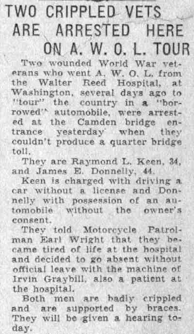 Two Crippled Vets Are Arrested Here on A.W.O.L. Tour - newspaper clipping