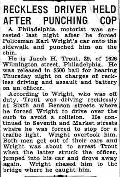 Reckless Driver Held After Punching Cop - newspaper clipping