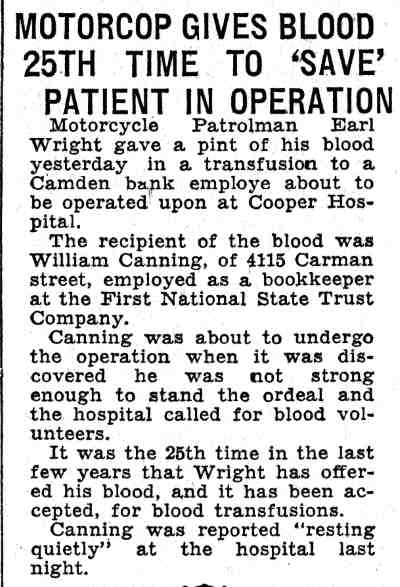 Motorcop Gives Blood 25th Time - newspaper clipping