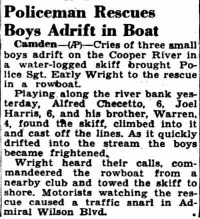 Policeman Rescues Boys Adrift in Boat - newspaper clipping