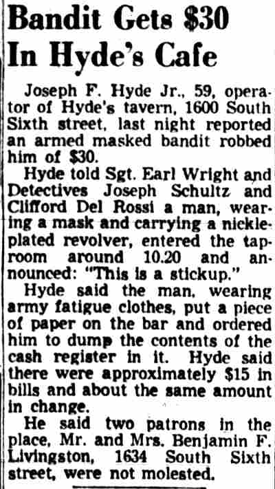 Bandit Gets $30 in Hyde's Cafe - newspaper clipping