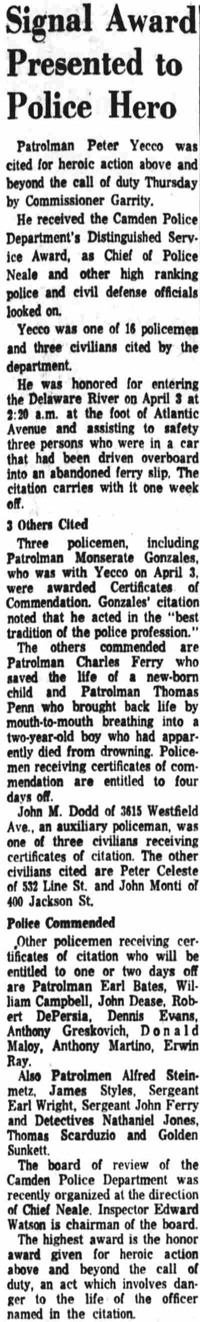 Signal Award Presented to Police Hero - newspaper clipping