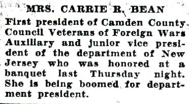 Mrs. Carrie R. Bean, first president of Camden County Council VFW Auxiliary
