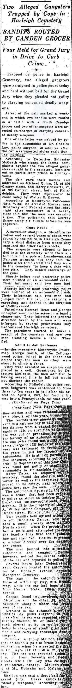 Two Alleged Gangsters Trapped by Cops in Harleigh Cemetery — Camden Courier-Post, December 1, 1930