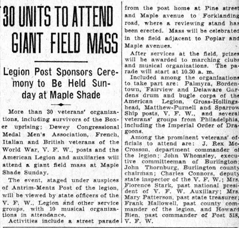 30 Units to Attend Giant Field Mass — Camden Courier-Post, June 13, 1932