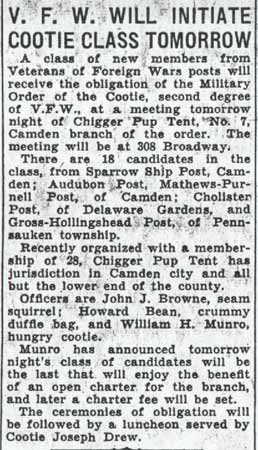 V.F.W. Will Initiate Cootie Class Tomorrow — Camden Courier-Post, January 26, 1938