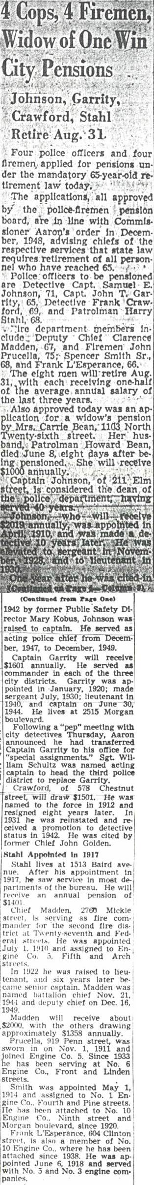 4 Cops, 4 Firemen, Widow of One Win City Pensions — Camden Courier-Post, July 7, 1950