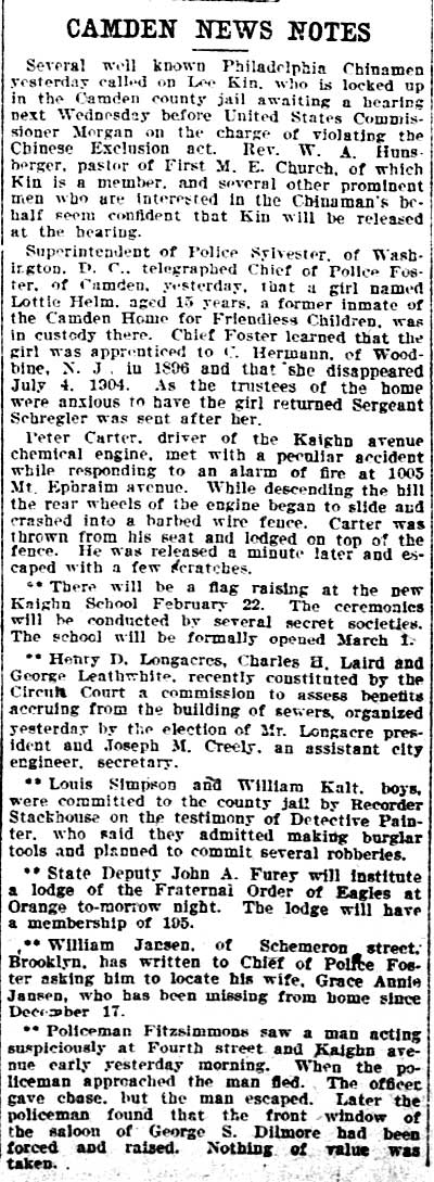 Philadelphia Inquirer, February 12, 1905 — Camden News Notes