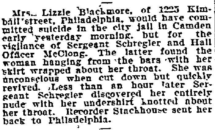 Philadelphia Inquirer, August 29, 1906 -- Suicide Attempt Foiled in Camden Jail