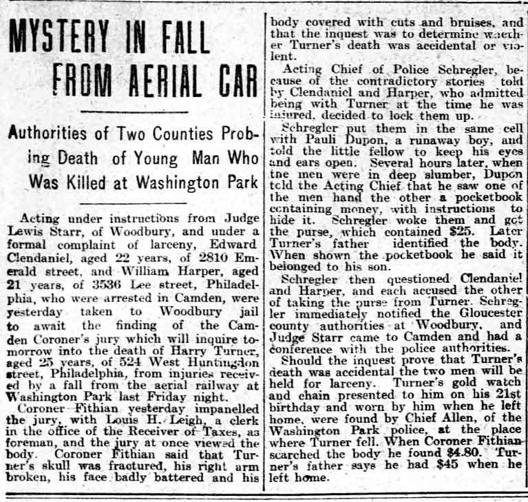 Philadelphia Inquirer, July 7, 1907 -- Mystery in Fall from Aerial Car