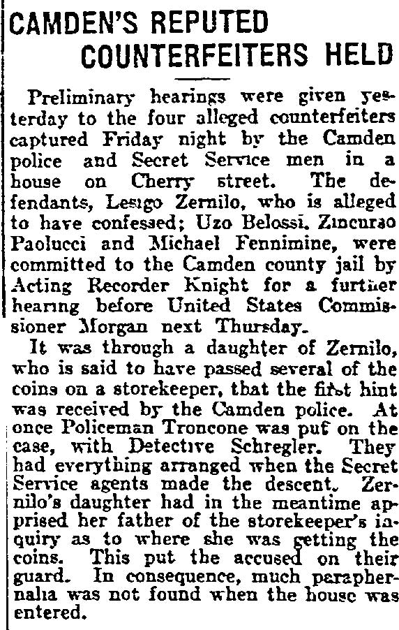Philadelphia Inquirer, May 7, 1911 -- Camden's Reputed Counterfeiters Held