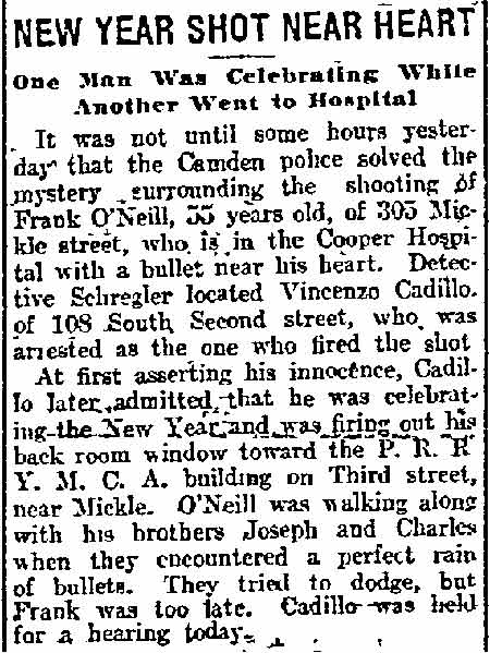 Philadelphia Inquirer, January 2, 1912 -- New Year Shot Near Heart