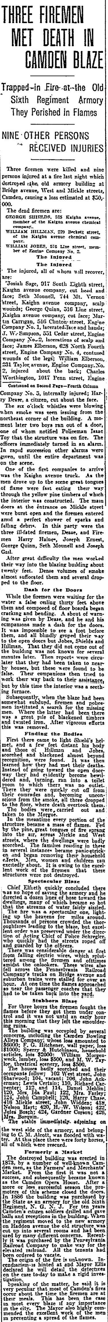 Philadelphia Inquirer, March 19, 1906 -- Three Firemen Met Death in Camden Blaze