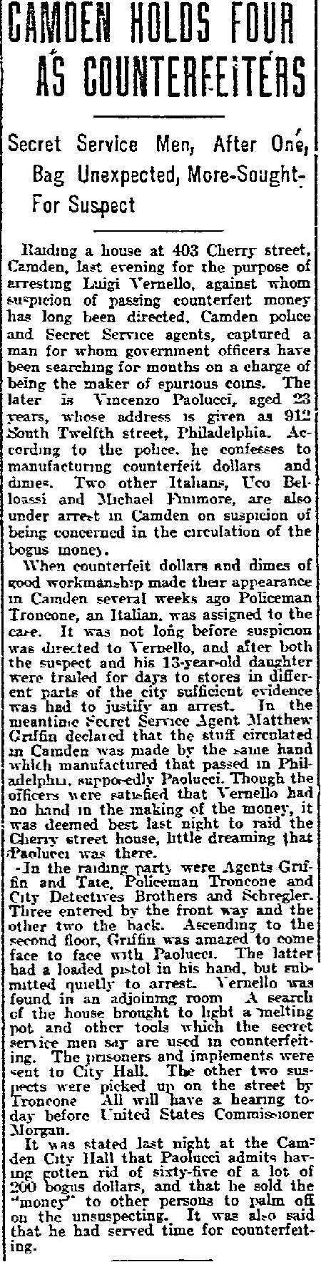 Philadelphia Inquirer, May 6, 1911 -- Camden Holds Four as Counterfeiters