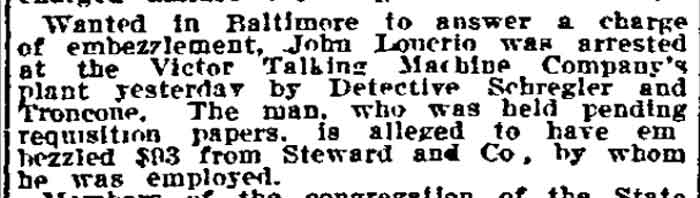 Philadelphia Inquirer, March 21, 1913 -- Embezzler Arrested at Victor Talking Machine Plant