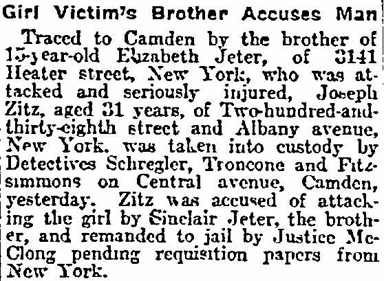 Philadelphia Inquirer, November 18, 1913 -- Girl Victim's Brother Accuses Man