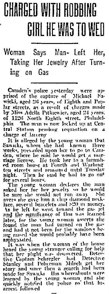 Philadelphia Inquirer, March 7, 1915 -- Charged with Robbing Girl He Was to Wed